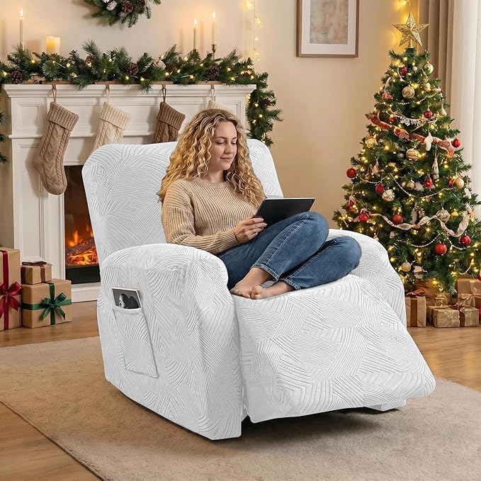 Oversized Recliner Chair Covers, 4-Piece Stretch Geometric Strokes Jacquard