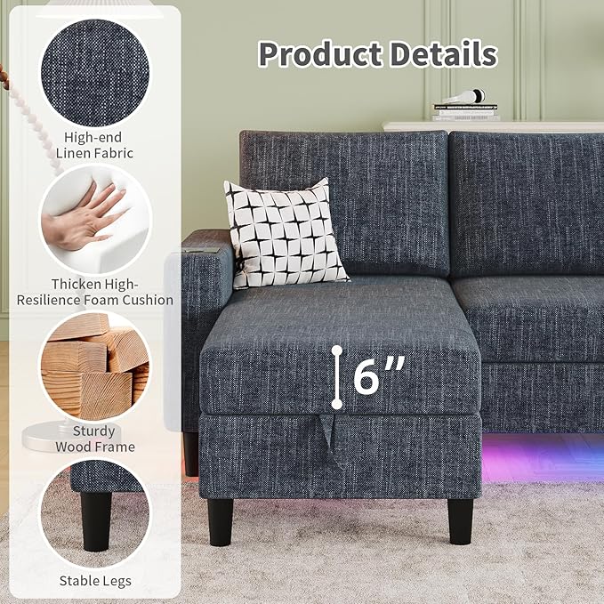 Sectional Couches for Living Room, 6-Seats Soft Linen Fabric Sectional Sofa