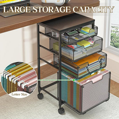 Sbanmao Rolling File Cart with 4 Storage Drawers, Mobile File Cabinet with Wheels, Hanging File Organizer, Under Desk Printer Stand Utility Cart Filing Cabinet for Home Office, Black