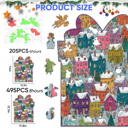 Mocfesk Winter Wooden Puzzles for Adults and Kids, 205 Pieces Holiday Snow Building Jigsaw Puzzles, Unique Shaped Christmas Wood Puzzles Gifts for Grandkids, Family Game Home Decor 9.4'' x 12.2''