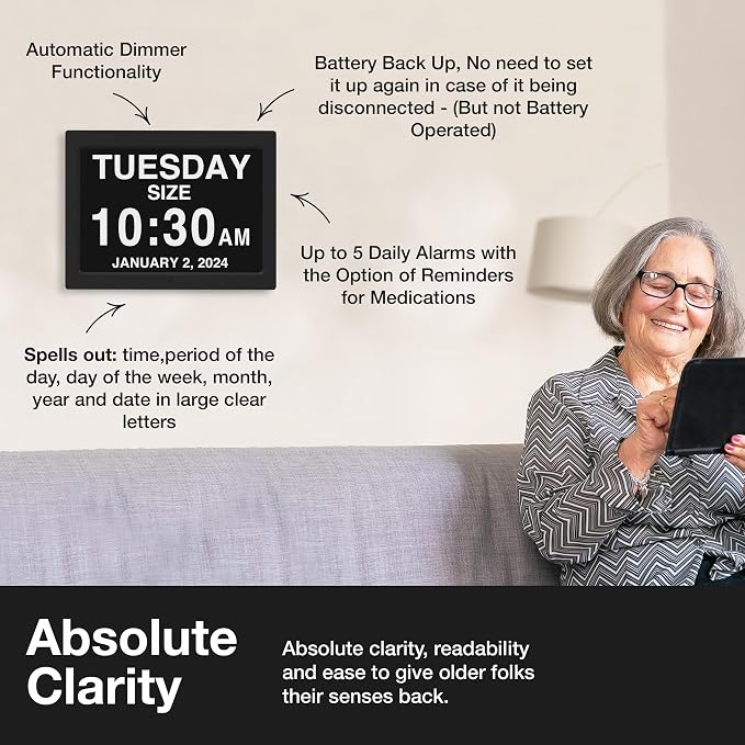 American Lifetime New 2026 Dementia Clock Large Digital Clock for Seniors, Digital Calendar Large Display, Custom Alarms, Clock with Day & Date for Elderly 21.5 Inches Black