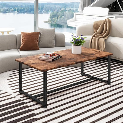 35.4" Rectangular Coffee Table for Living Room, Modern Industrial Style Coffee Table Center Table with Metal Frame for Small Space, Apartment, Office, Easy Assembly, Brown