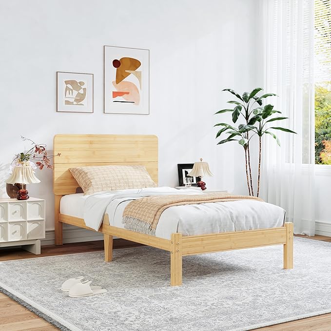 BOSRII 12in High Solid Bamboo Wood Platform Twin XL Bed Frame