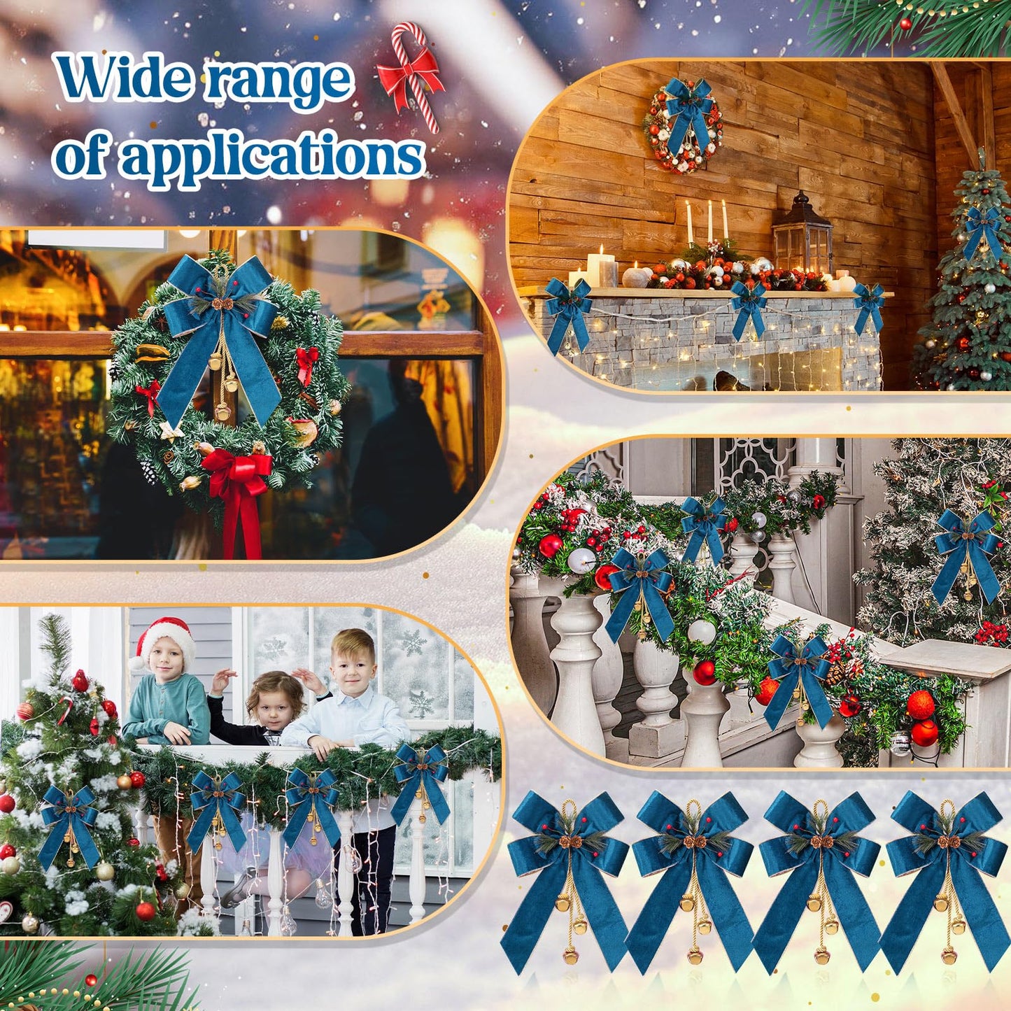 Yinkin 4 Pcs Christmas Tree Wreath Bow Christmas Ribbon Bows with Bells 11 x 7.8 in Velvet Pine Cone Bowknot Xmas Tree Hanging Ornaments Decor for Home Xmas Party Outdoor Indoor (Lake Blue)