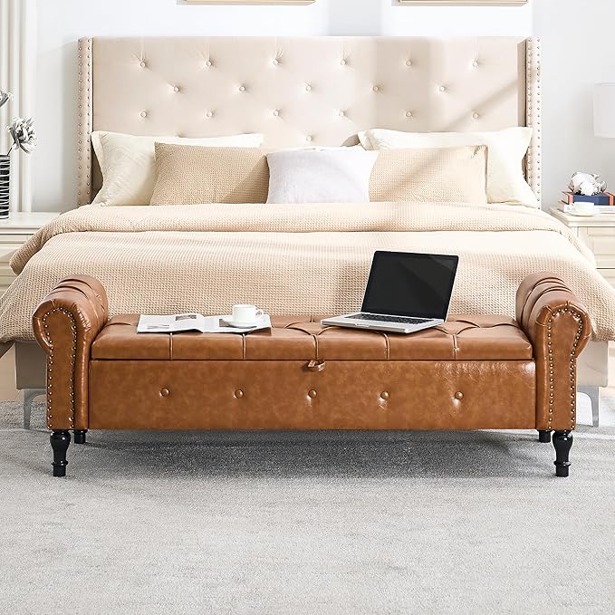 Storage Bench for Bedroom, Faux Leather 67" End of Bed Bench, King Size Bench