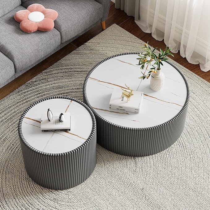 SSLine Round Drum Coffee Table Modern Sintered Stone Top Coffee Table in Grey