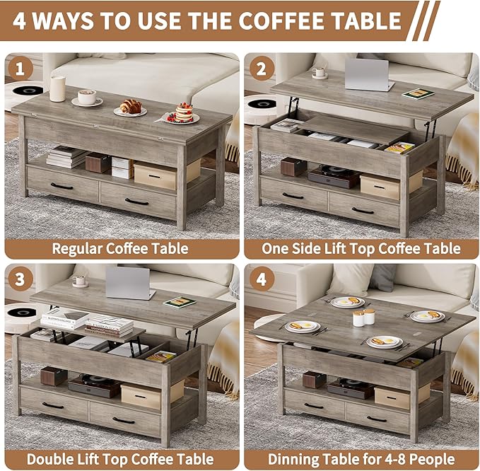 SYESWAY 42'' Lift Top Coffee Table, 4-in-1 Multifunctional Lift Coffee Table