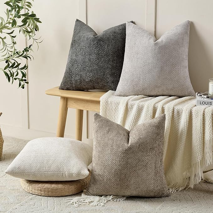 Volcanics Boho Throw Pillow Covers 20x20 Set of 4, Neutral Chenille Decorative