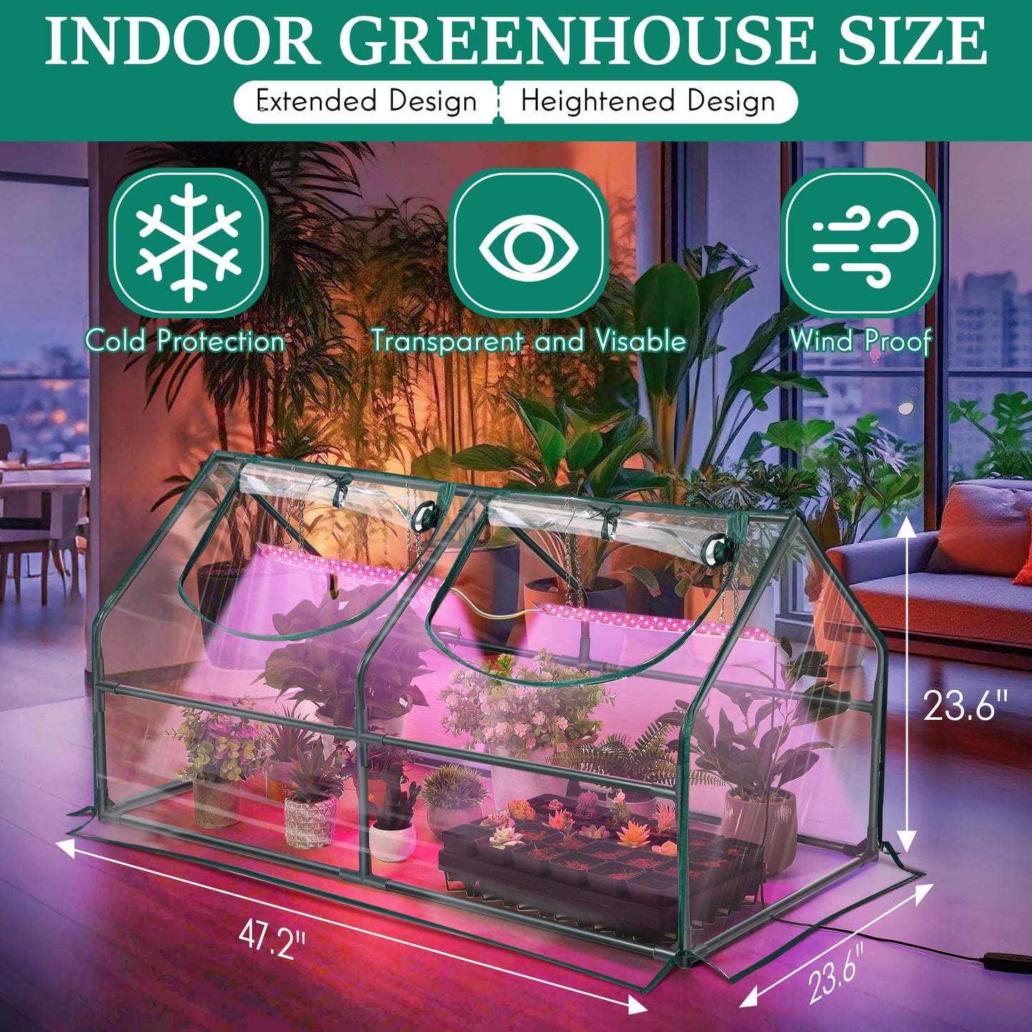Meonum Mini Greenhouse with Grow Light, 47.2" L x 23.6" L x 23.6" W Portable Greenhouses Waterproof UV-Resistant for Indoor/Outdoor Seed Starting (House Shape)