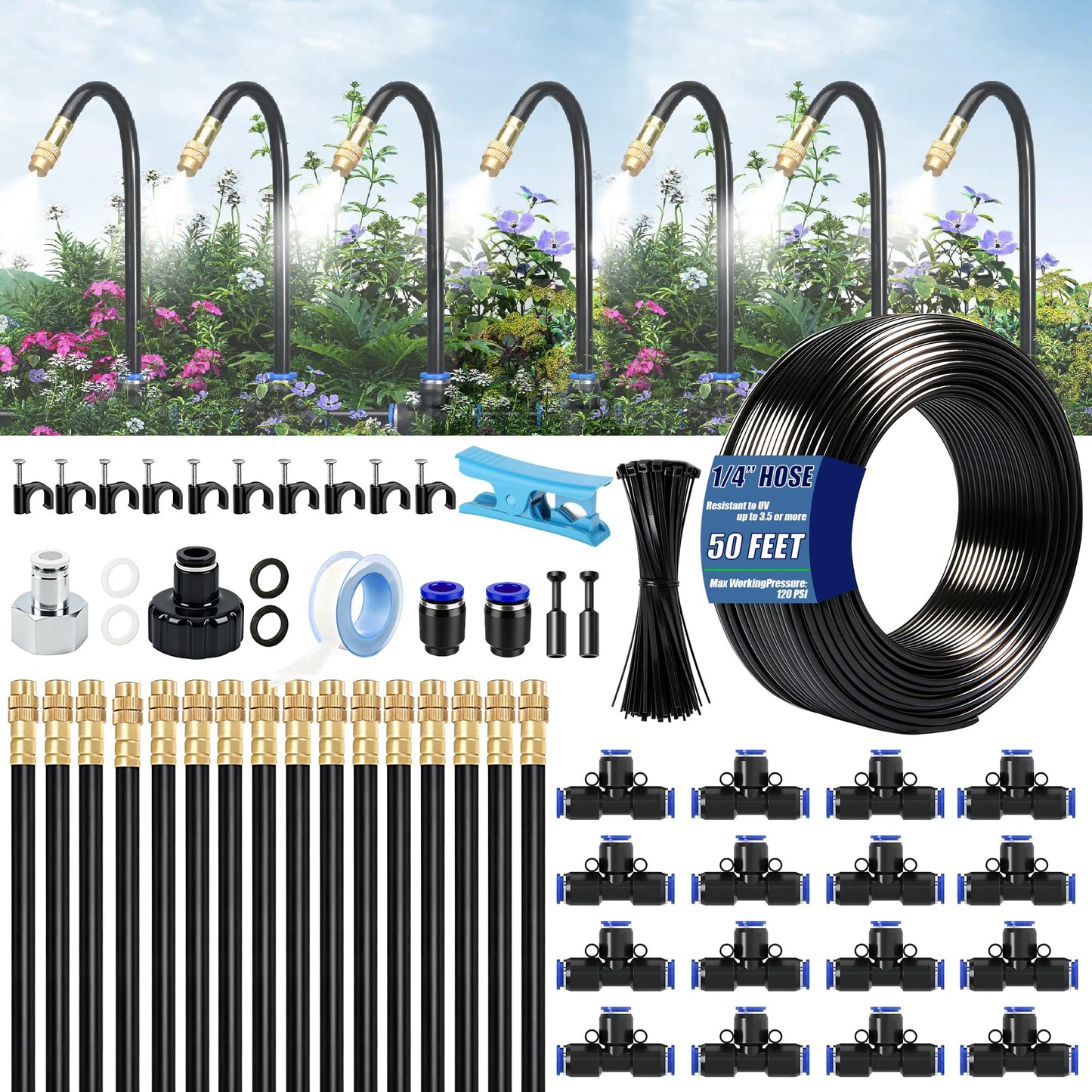 Dianrui Drip Irrigation System—50FT 1/4" Garden Watering System with 16pcs Copper Nozzles, 360° Curved Garden Automatic Irrigation System for Garden/Lawn/Greenhouse/Raised Beds/Outdoor Plants