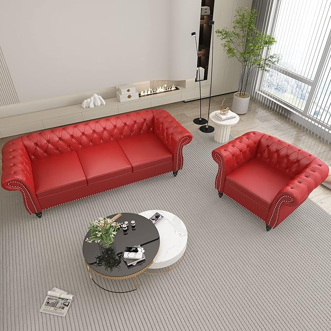 ORRD 2 Piece Living Room Set, Chesterfield Leather Sofa Loveseat Couch Chair