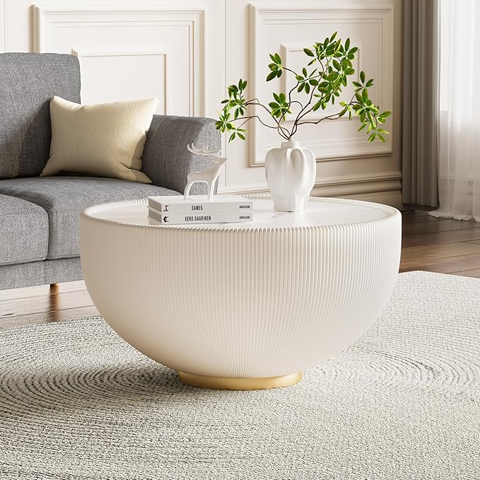 SSLine Bowl-Shape Coffee Table Modern Sintered Stone Top Coffee Table in Cream