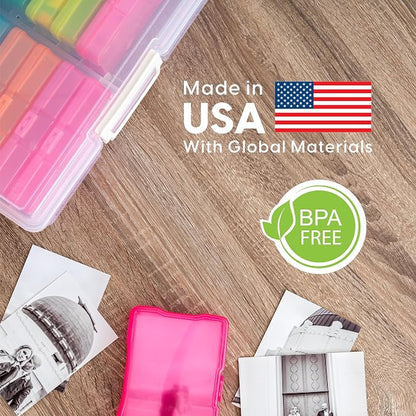 IRIS USA 4" x 6" |Made in USA| Photo Organizers and Picture Storage Box with Handle, 16 Inner Cases/Containers for Tasks, Stickers, Ephemera, & Flashcards - Clear/Multi-Color