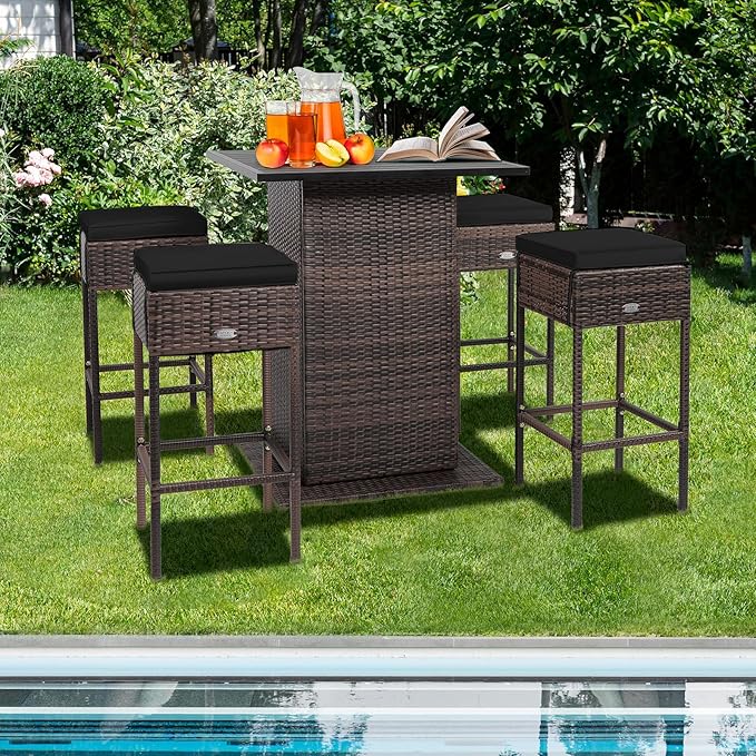 Tangkula 5 Piece Outdoor Rattan Bar Set, Patio Bar Furniture