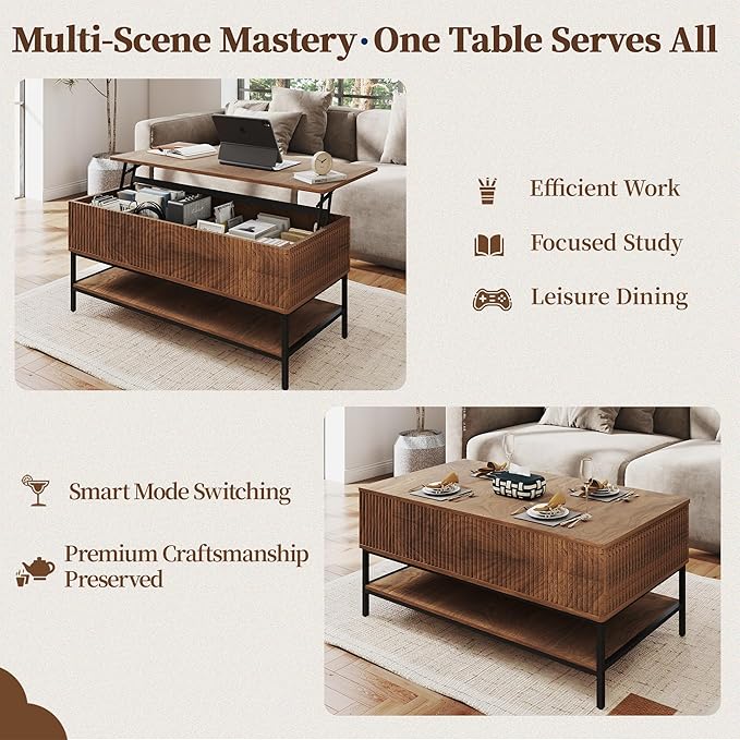 Walnut Coffee Table with Storage, Rectangle Lift Top Coffee Table, Modern Wood