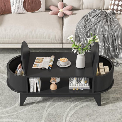 Coffee Table with 2 Hidden Storage,Mid Century Modern Coffee Table with Fluted Finish,Wood Center Tables Oval Coffee Tables with Flip-Top Lids for Living Room Home Office (Black)