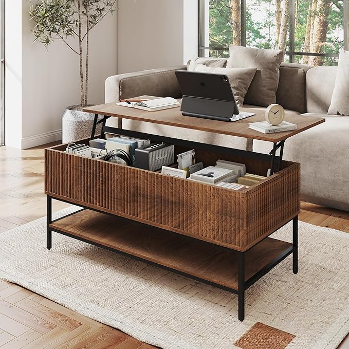 Walnut Coffee Table with Storage, Rectangle Lift Top Coffee Table, Modern Wood