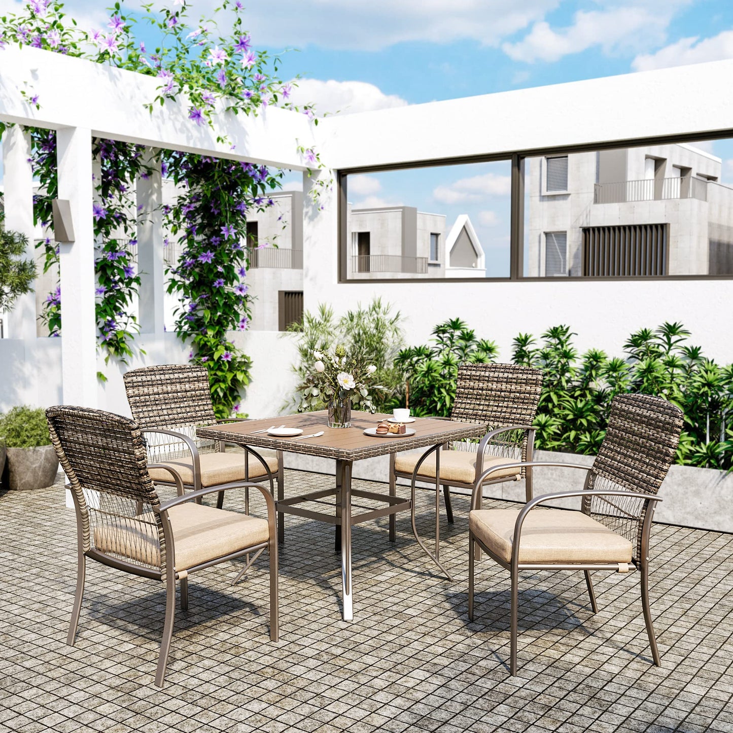 Pamapic Outdoor 5-Piece Patio Dining Set, Weather Resistant PE Rattan Table and Chairs, Comfortable Cushions, Easy Maintenance, 5 PCS, Beige