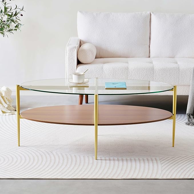 LumFurn Oval Glass Coffee Table, Mid-Century Modern Design, L43 x W22 x H17 inch