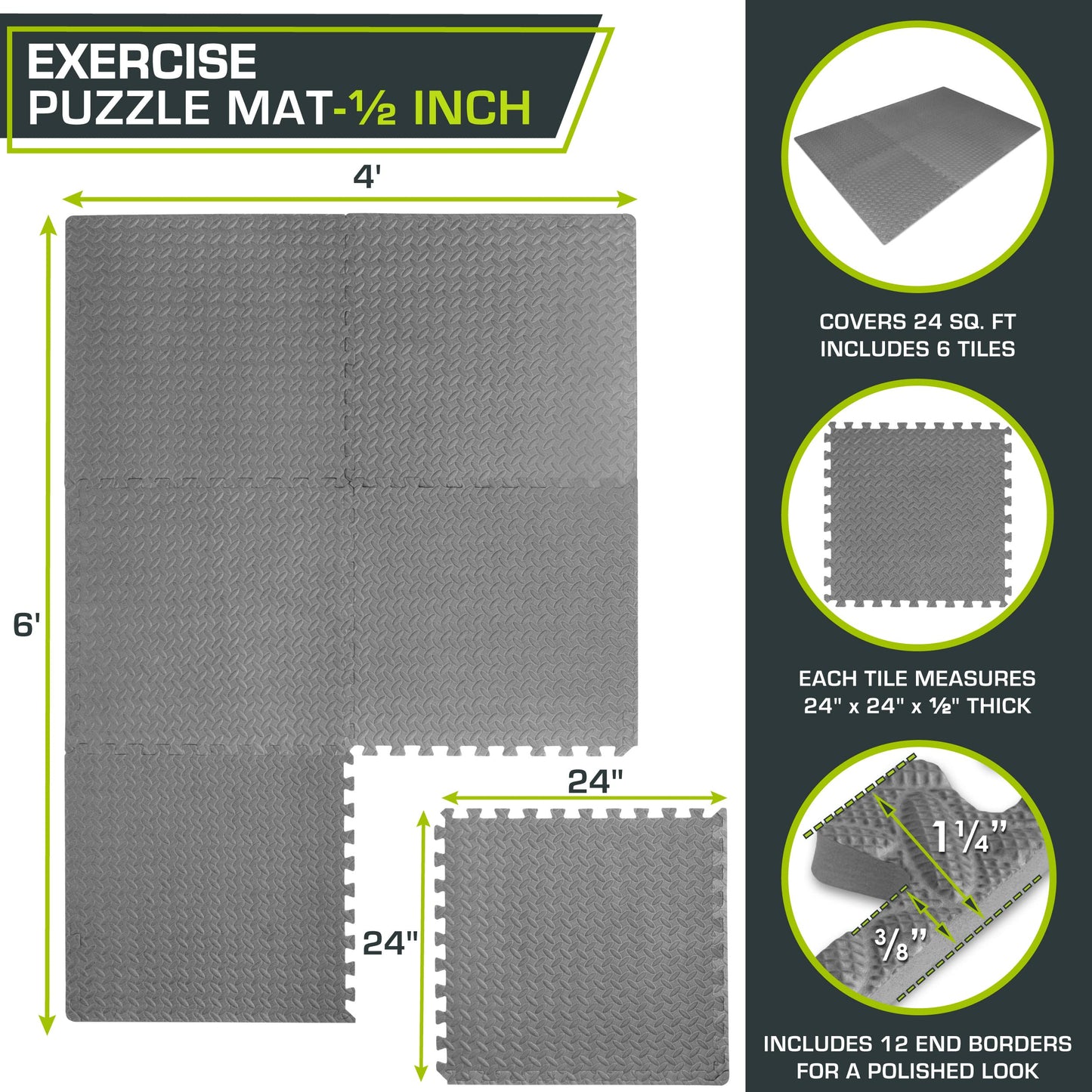 ProsourceFit Puzzle Exercise Mat ½ in, EVA Interlocking Foam Floor Tiles for Home Gym, Mat for Home Workout Equipment, Floor Padding for Kids, Black, 24 in x 24 in x ½ in, 24 Sq Ft - 6 Tiles