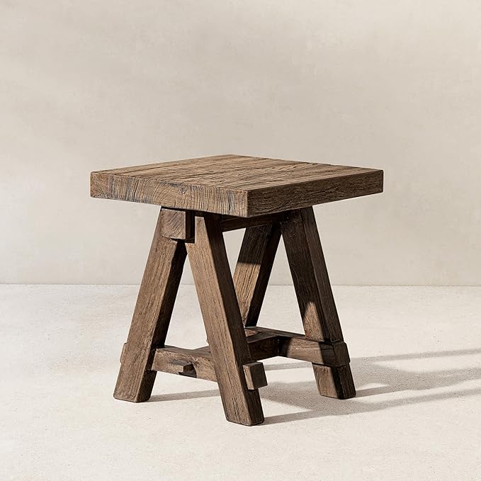 Hawthorne 18" Square Reclaimed Elm Trestle Side Table, Heritage Medium-Dark