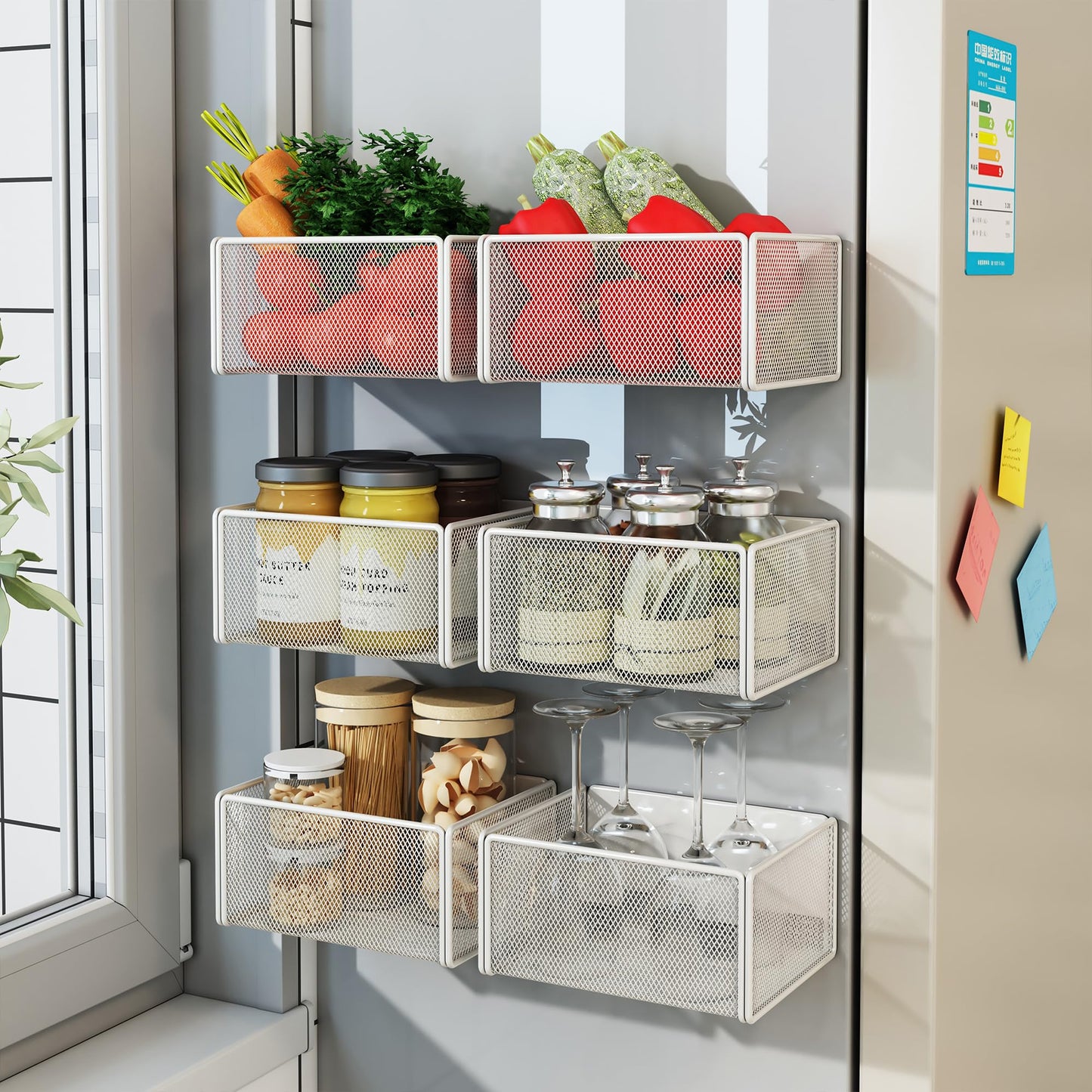 LIFEFAN Magnetic Basket Organizer Holder for Fridge Magnetic Storage Bin Box Containers for Refrigerator Whiteboard Classroom (Small, White)