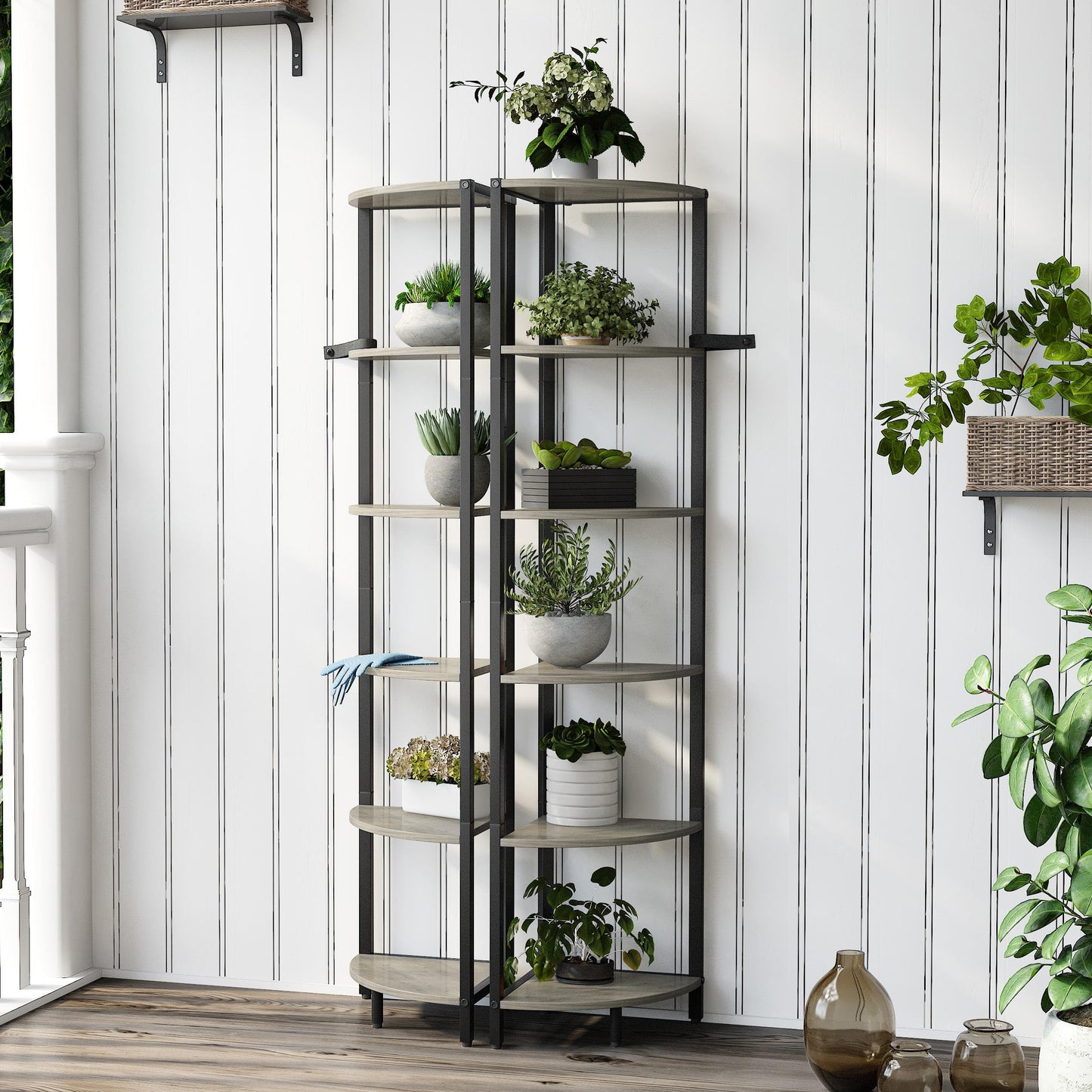 IRCPEN 6 Tier Corner Shelf 63.1" Tall Corner Shelves Stand Ladder Shelf Metal Standing Bookshelf Organizer Display Rack Bookcase Plant Stand Industrial Rustic for Living Room Bedroom Oak CS-001GR