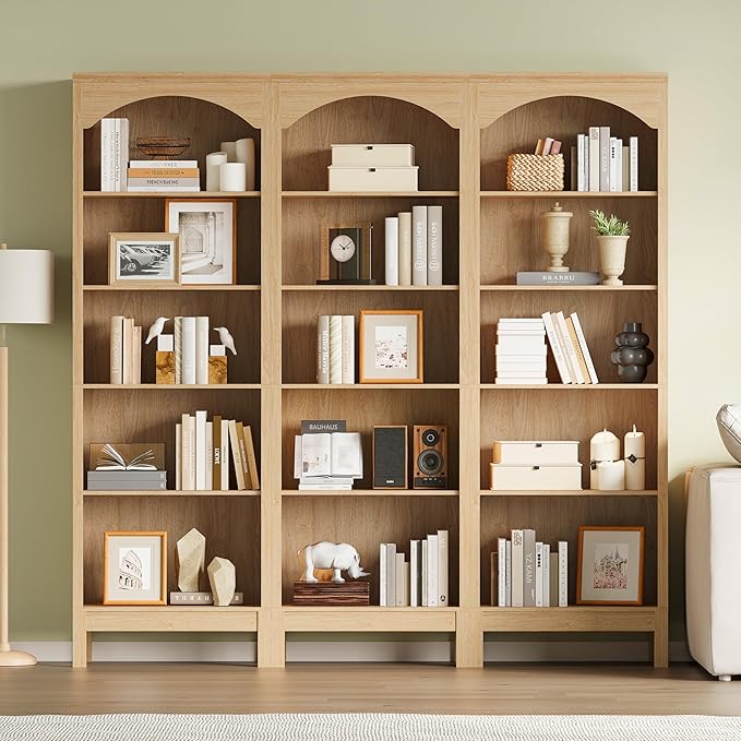 Arched Bookshelf with 5 Tier Open Shelves, Study and Living Room, Natural Oak