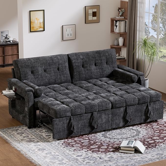 Convertible Sleeper Sofa Bed, 86 Inch Chenille Pull Out Couch
