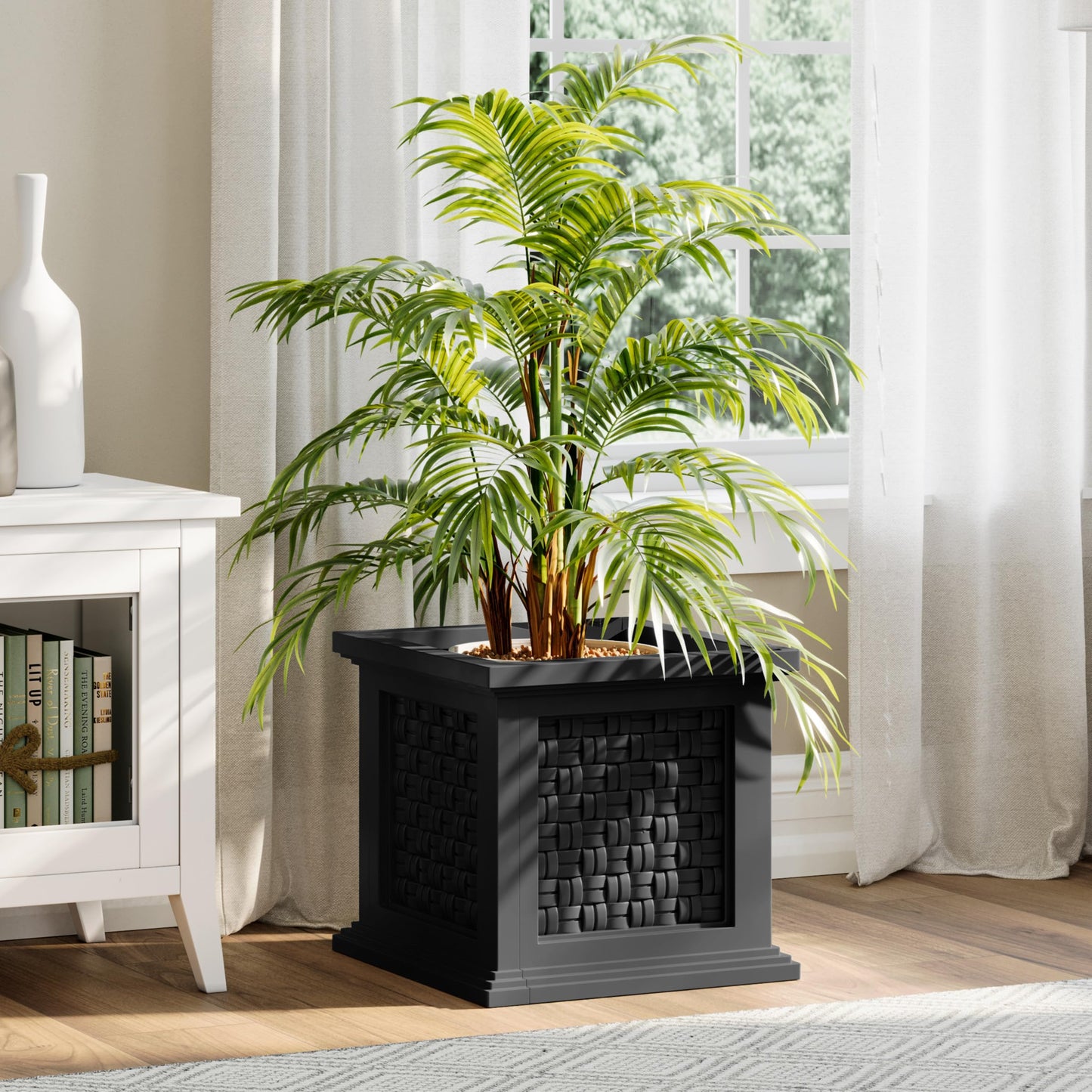 Rattan Style Outdoor Planter Box - 14.65-Inch-Square Decorative Flower or Plant Pot - Garden, Patio and Front Porch Decor by Pure Garden (Black)