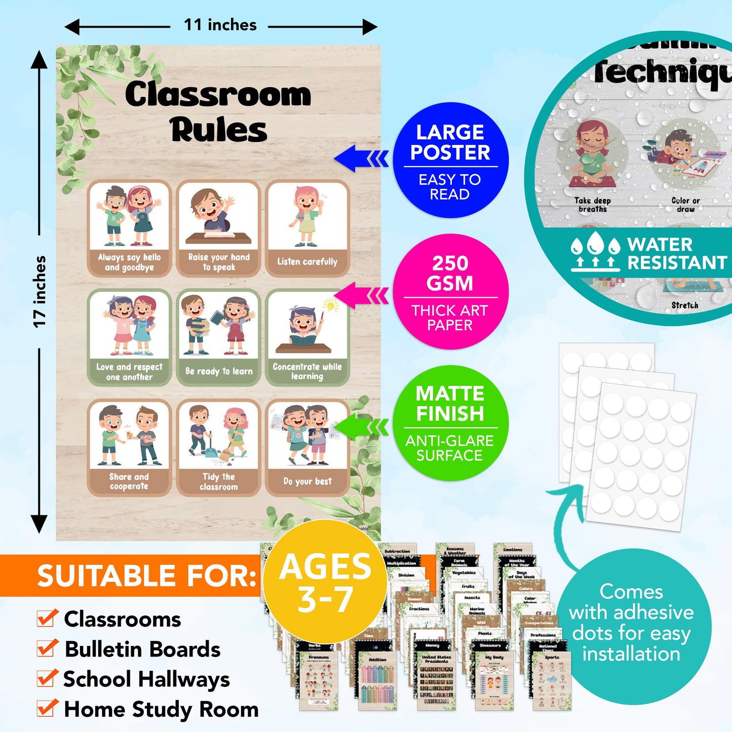Decorably 50 Farmhouse Theme Kindergarten Posters for Homeschool, 11x17in Matte-Laminated Preschool Educational Toddler Learning Decor - Classrooms, Hallways, Bulletin Boards
