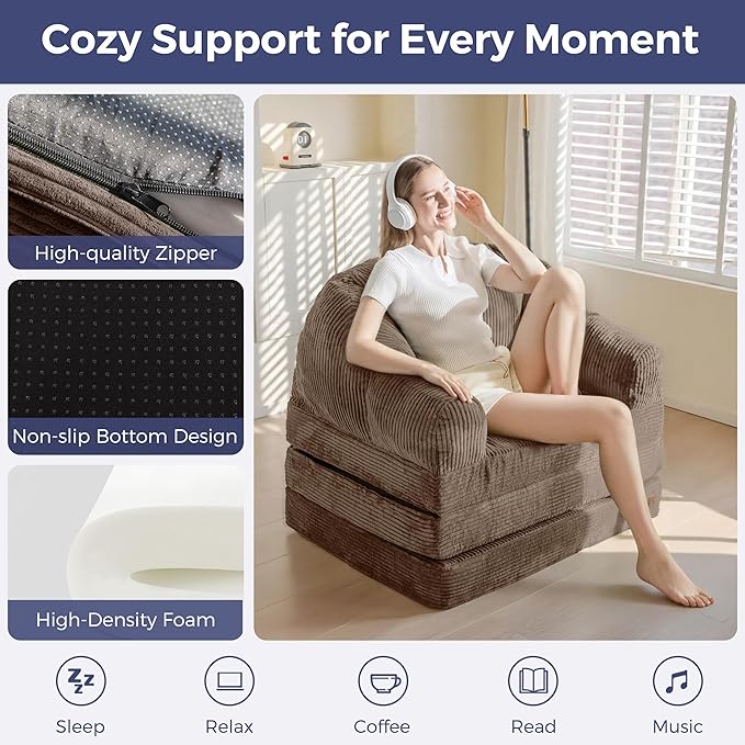 MAXYOYO Folding Sofa Bed with Backrest, Boneless Fold Out Couch Bed with Handle