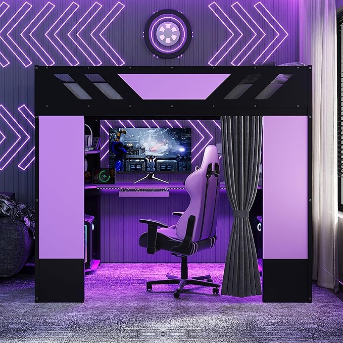 Full Size Wood Loft Bed with Built-in Workstation, Smart Storage, RGB Lighting
