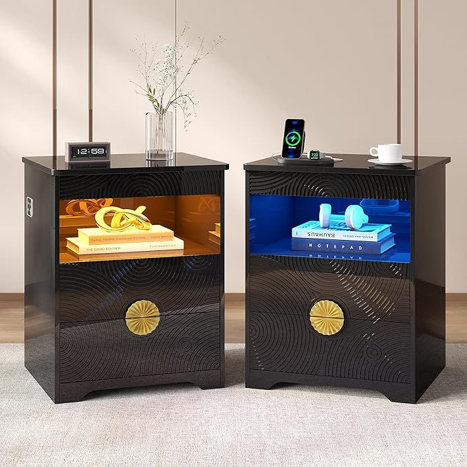 Nightstands Set of 2 with Gun Drawer, Bedside Table with 3-Color LED Lights &
