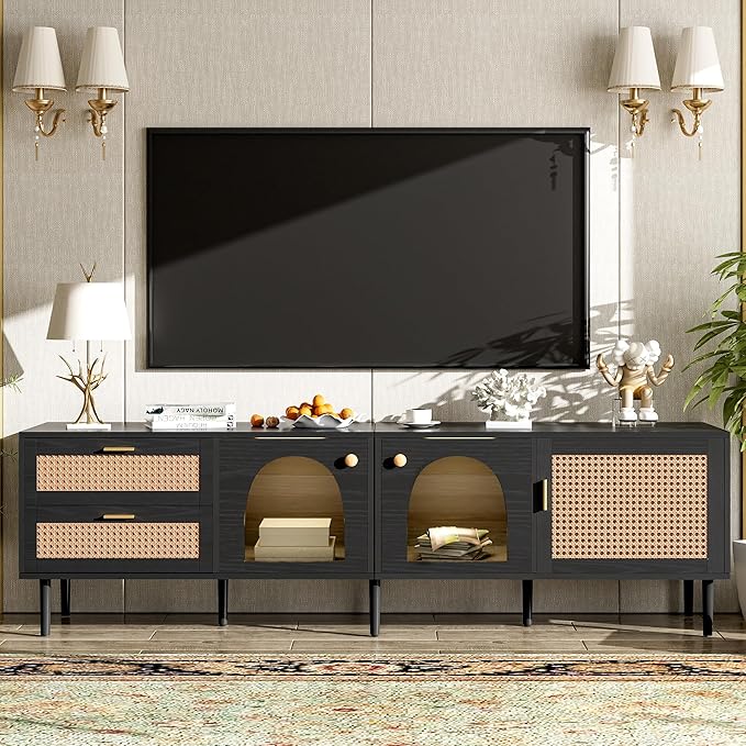 Merax Rattan TV Stand with LED Lights, Solid Wood Feet, Living Room, Bedroom