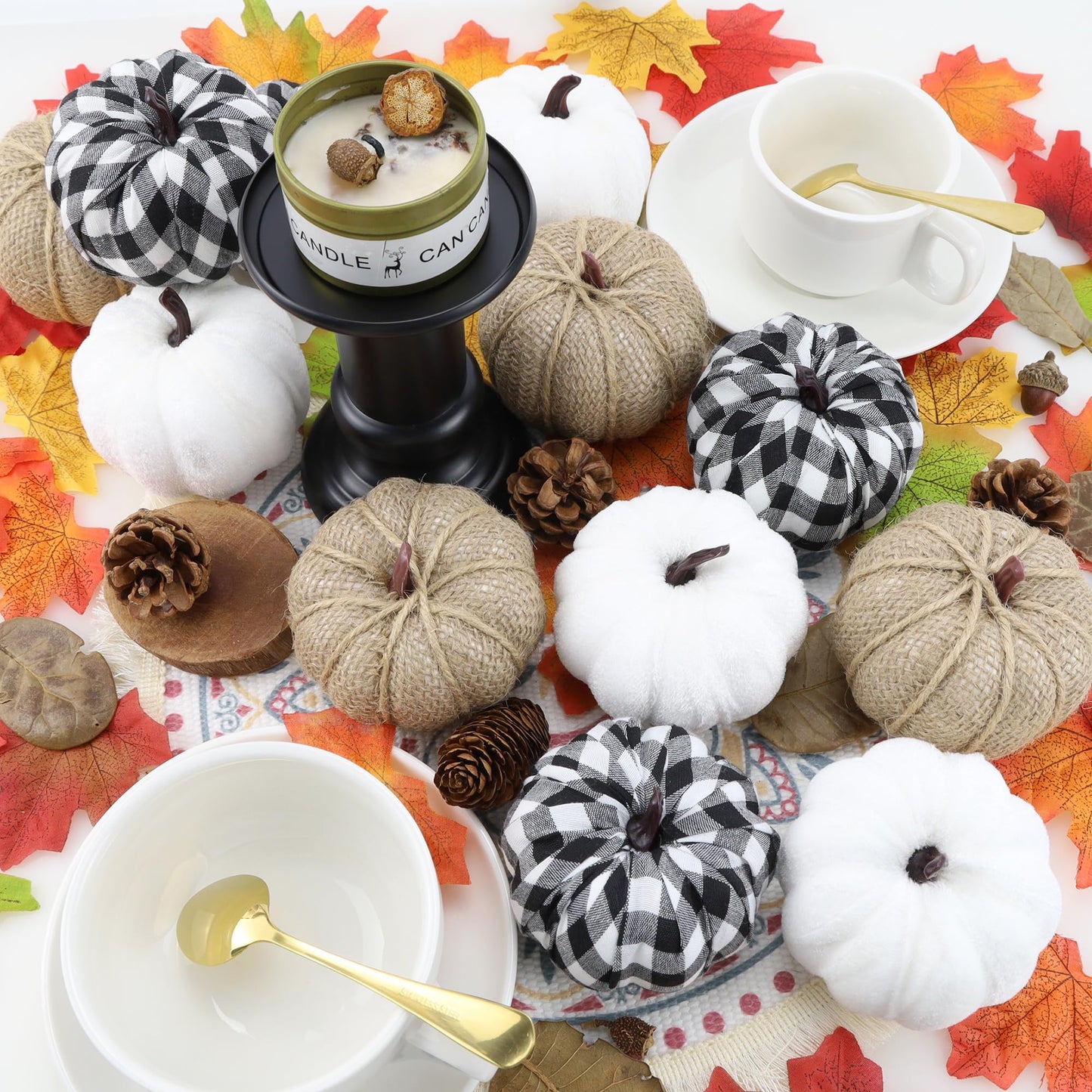 SITUMEIZI 12 Pcs Pumpkins Fake Harvest Velvet Pumpkin White Black Small Faux Fabric Foam Pumpkin for Fall Decor Wedding Thanksgiving Halloween Home Farmhouse Decoration(Burlap)