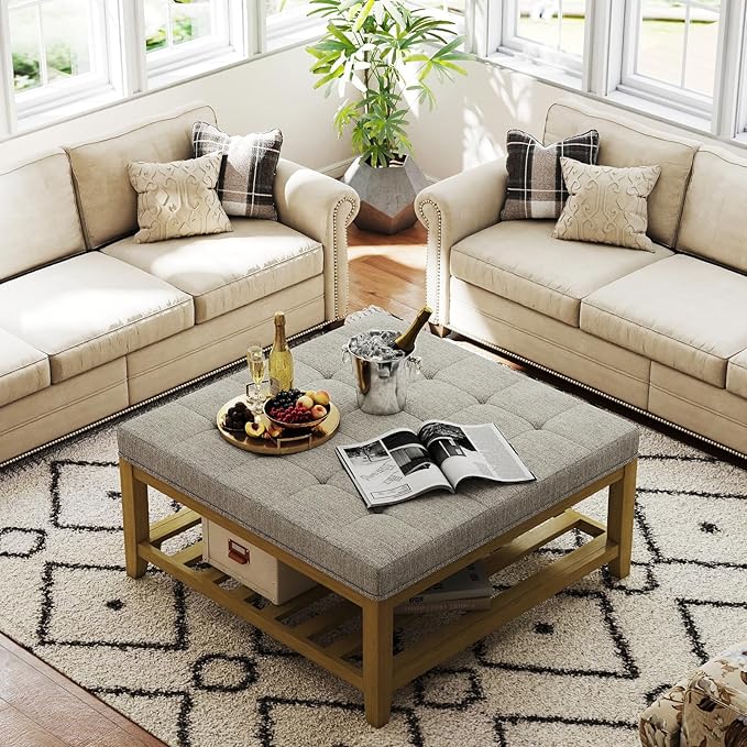 Befurtori Large Square Ottoman Coffee Table, Linen Solid Upholstered Footrest