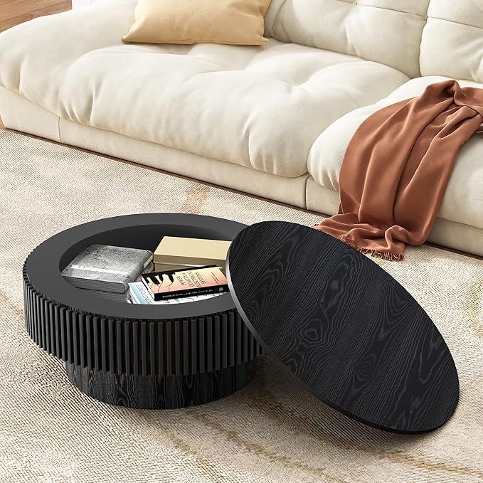 Round Coffee Table for Living Room, Fluted Drum Accent Tea Center Table