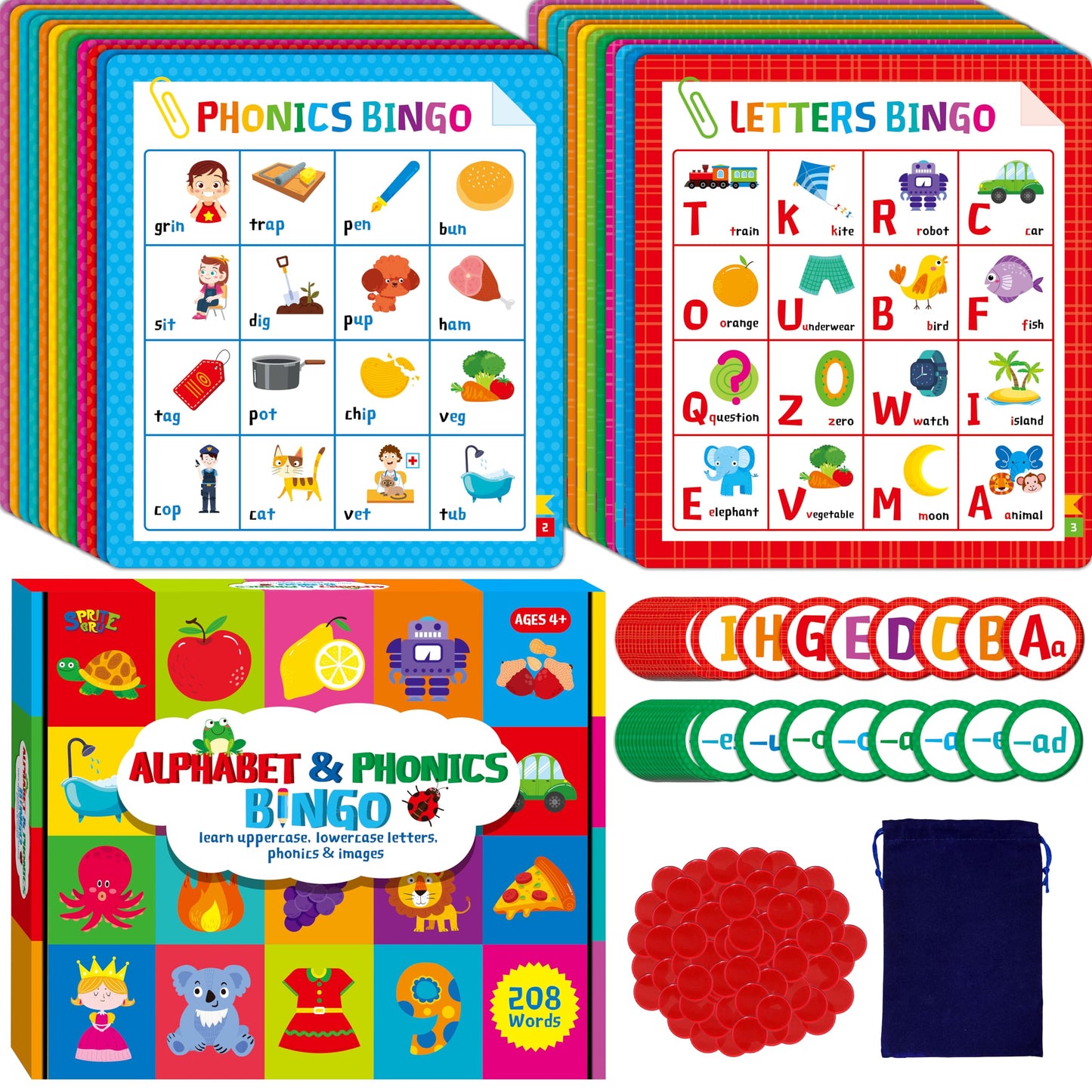 Alphabet & Phonics Bingo Game, 12 Bingo Boards ABC Letters, CVC Blends Words Phonetic Game, Letters Phonetic Awareness Early Educational Learning Toys - Ages 4 and up, Perfect for Classroom & At Home