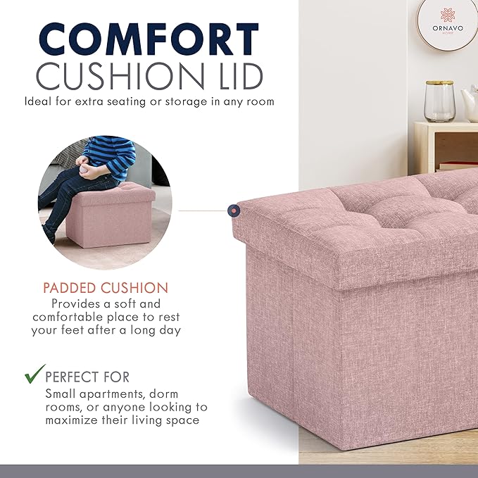 Ornavo Home Small Storage Ottoman, Foldable Collapsible Rectangle Linen Ottoman
