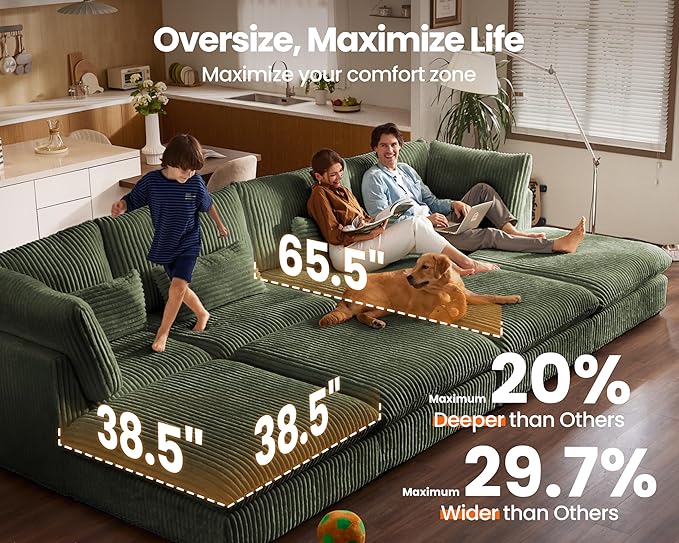 115" Oversized Corduroy Couch Modular Sectional Sofa, Washable Cloud Couch