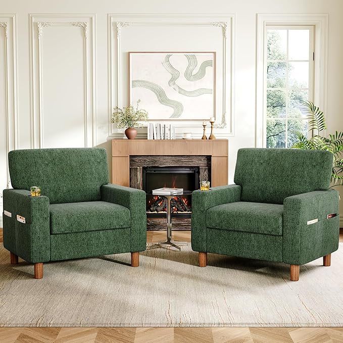 Mid Century Modern Accent Chairs Set of 2, Chenille Comfy Living Room Arm Chairs