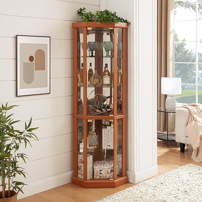 Corner Curio Cabinet, 150lbs Heavy Duty Glass Display Cabinet
