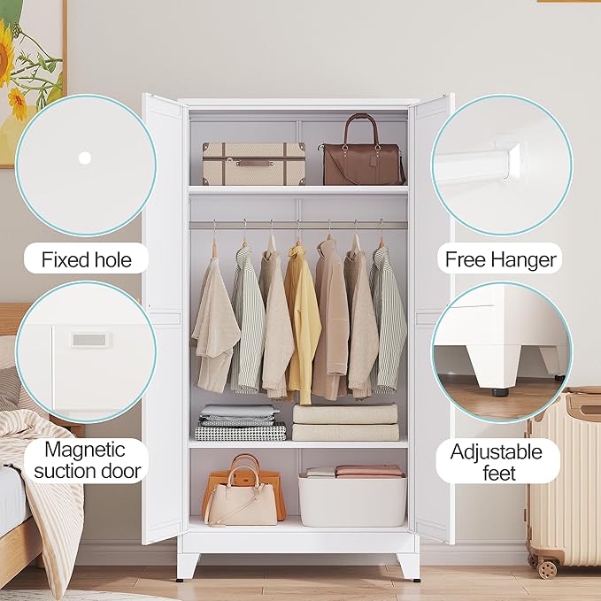 erosoei 71 "Metal Armoire Wardrobe Closet, Steel Clothing Storage Cabinet