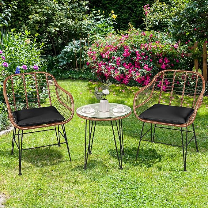 Tangkula 3 Pieces Patio Conversation Bistro Set, Outdoor Wicker Furniture