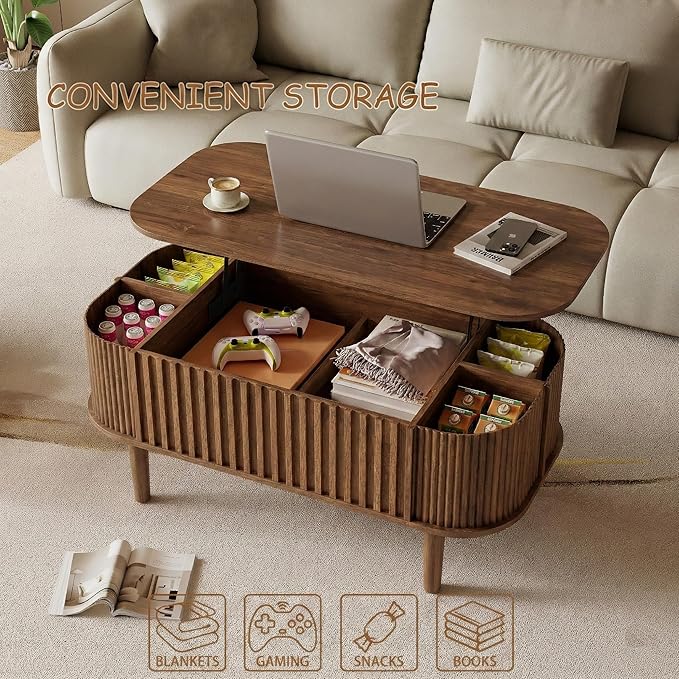 Lift Top Coffee Table with Storage, Faux Marble Top, Wood Fluted Center Table