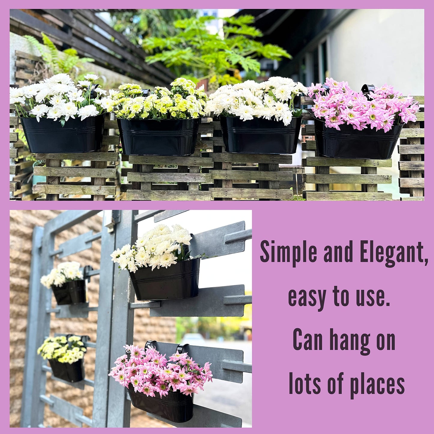 LaLaGreen Bundle- 10 Pack, 6 Inch + 10 Pack, 11.8 Inch Black Metal Pot Wall Mount Window Hanging Plant Box Bucket with Hook Farmhouse Style Outdoor Garden Railings Balcony Deck Porch Patio Boho Decor