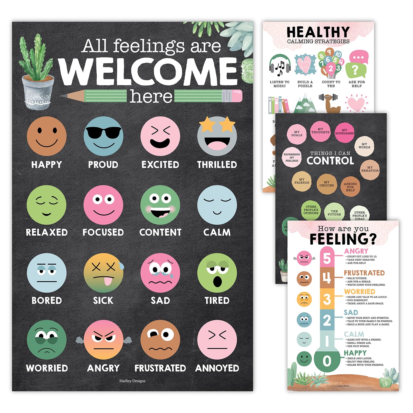 Hadley Designs Feelings Chart for Classroom Must Haves - Emotions Chart for Toddler Calm Down Corner Supplies, Feelings Wheel, Mental Health & Social Emotional Learning Posters, Cactus Classroom Decor