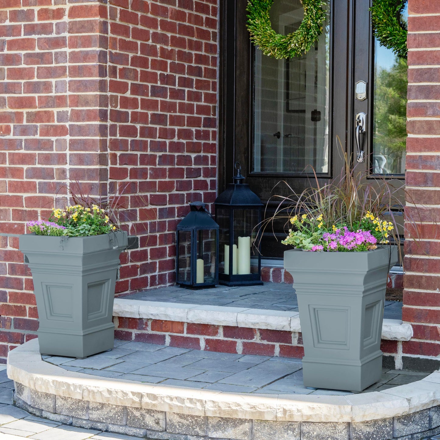 Step2 Atherton Square Planter, Large Planters for Outdoor Plants, Gardening and Flower Pot for Patio or Porch, Efficient Drainage, Durable Plastic, Sage Gray, 2-Pack