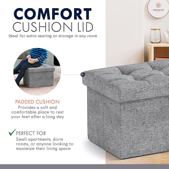 Ornavo Home Small Storage Ottoman, Foldable Collapsible Rectangle Linen Ottoman